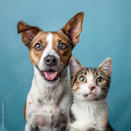 Portrait of Happy Jack Russell terrier dog and orange tabby cat looking into studio camera together isolated on blue background, veterinarian doctor office showing pets as friends.  © John