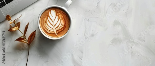 A Cup of Latte With Leaf Art on a White Tabletop