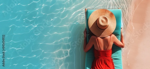 Woman Relaxing on a Blue Lounger by the Pool on a Sunny Day