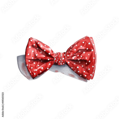 Watercolor illustration of bow tie ribbon with white polka dots on red on white background