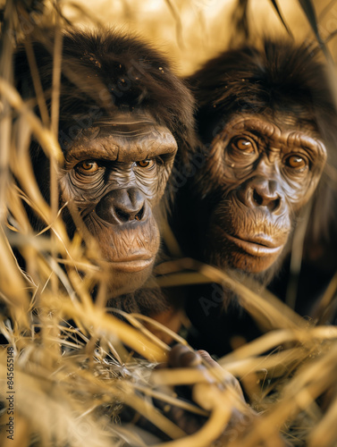 Portrait de deux Australopithecus afarensis dans les hautes herbes sèches photo