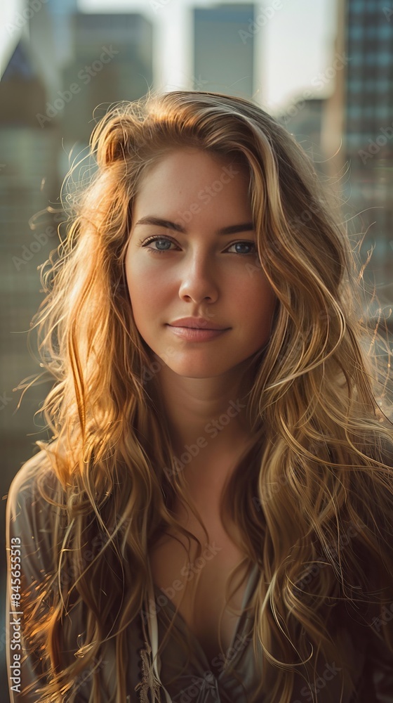 A photographic portrait of an extremely beautiful American woman, long wavy blonde hair, sparkling blue eyes, confident and relaxed pose, straight-on angle, in a modern urban setting, shown till toe A photographic portrait of an extremely beautiful American woman, long wavy blonde hair, sparkling blue eyes, confident and relaxed pose, straight-on angle, in a modern urban setting, shown till toe