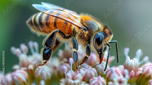 High-resolution photo of a bee pollinating flowers, representing the importance of pollinators