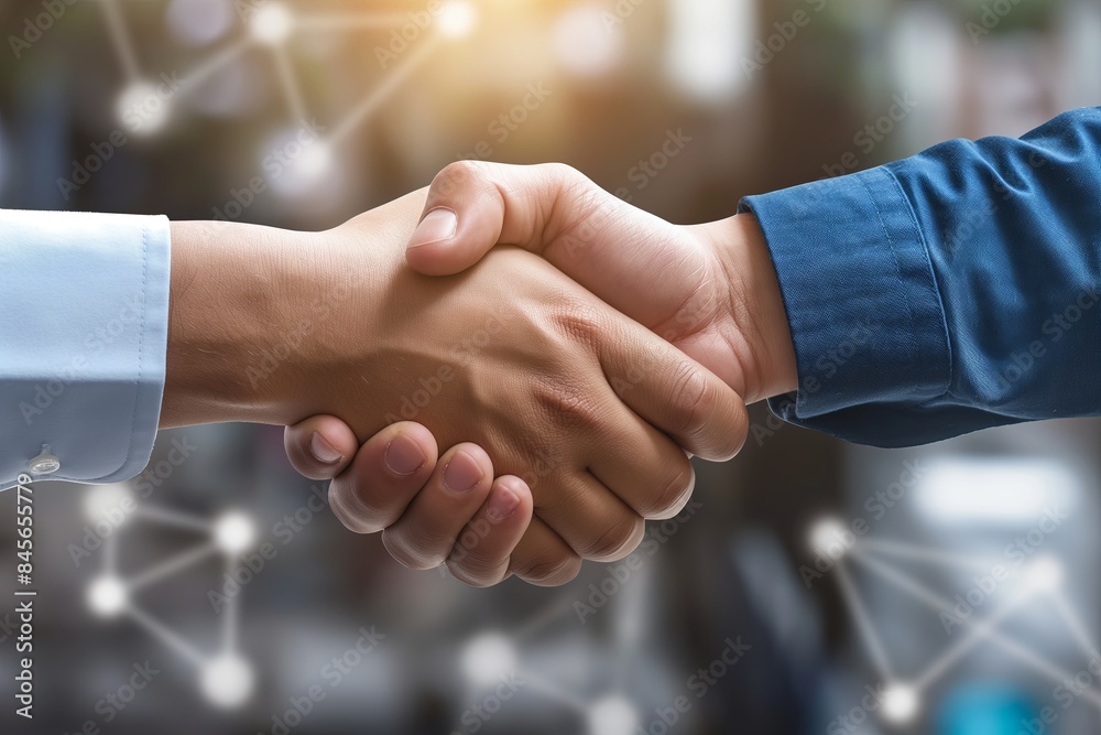 Two people shaking hands symbolizing business partnership. Ideal for business websites, presentations, and articles. Generated AI