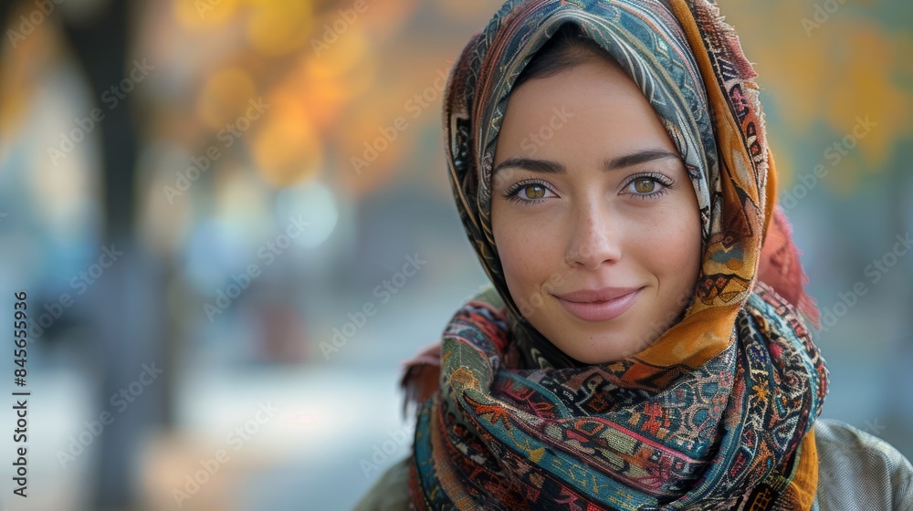 Woman Wearing Orange And Blue Hijab In City Street Woman Wearing Orange And Blue Hijab In City Street