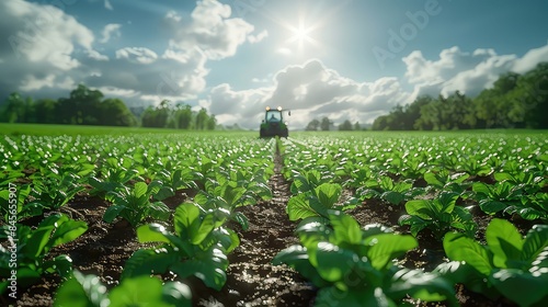 green tractor plowing field under blue sky with clouds generated with AI