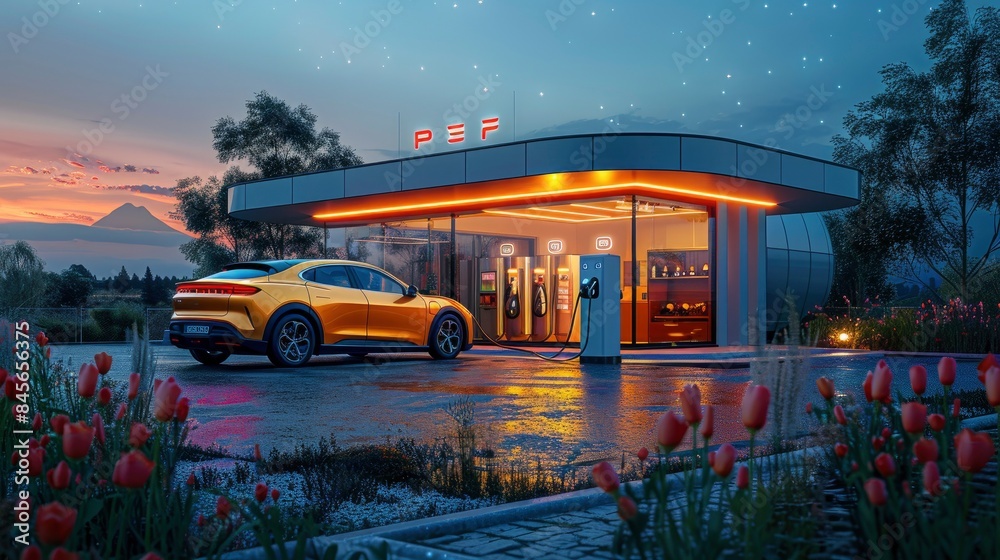 Obraz premium Image of a hydrogen fuel cell car being refueled at a station