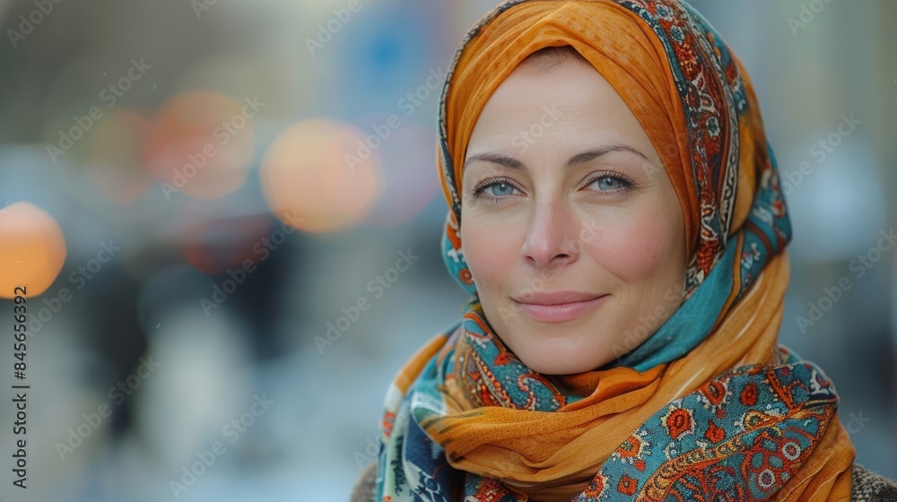 Woman Wearing Orange And Blue Hijab In City Street Woman Wearing Orange And Blue Hijab In City Street
