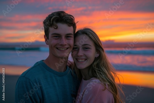 Portrait of a merry caucasian couple in their 20s showing off a lightweight base layer over vibrant beach sunset background © Markus Schröder