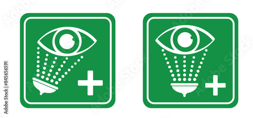 Emergency eye wash and shower. Eye and douche or showerhead. First aid eyewash green sign. Eye wash station. Safe condition logo. First aid. Eyewash bay.