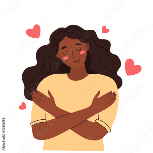 Love yourself. Black woman hugs herself. Love the concept of your body. Woman loves her body concept. Women's healthcare. Skin care. Vector in flat style isolated on white background.