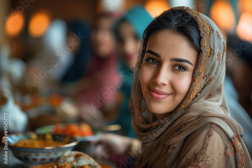 Young woman in a traditional outfit smiles at a social gathering. Perfect for cultural, social, and lifestyle content. Generated AI © Goncharuk film