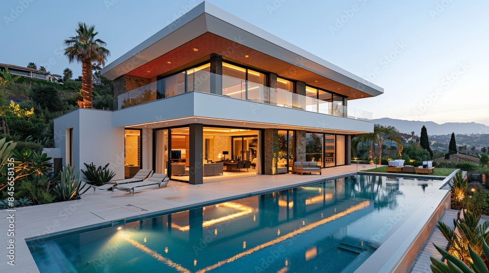 Obraz premium Modern Big Villa with Infinity Pool and Scenic View at Sunset
