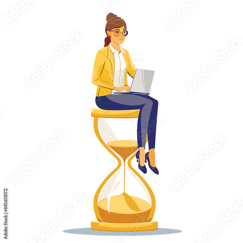 Businesswoman sitting and working on an hourglass. Wasting time. Too much thinking. Deadline or time management vector illustration concept on a white background