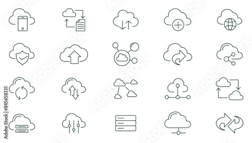 Cloud Computing line icons set. Cloud, cloud services, server, cyber security, digital transformation, computing, server, database, technology, networking, data and internet outline icons collection.