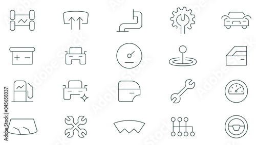 Auto service, car repair icon set. Car servicing and garage. repair, maintenance, inspection, parts, units, elements line icon pack. Thin outline icons vector