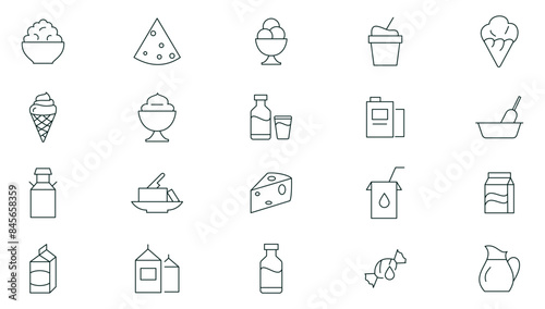 Dairy product icon set. Food, drink, ice cream, milk, cold, farm, sweet, cheese, butter line icon set collection. Outline icon pack. Thin outline icons vector