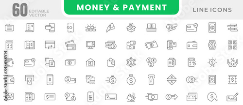 Money and Payment Line Icons set. Business, finance, transaction, payment, banking, wallet, coins, credit card, currency, exchange, cashback, dollar, cash wallet, exchange, atm payment outline icons.