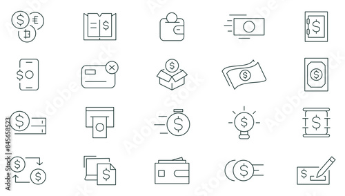 Money and Payment Line Icons set. Business, finance, transaction, payment, banking, wallet, coins, credit card, currency, exchange, cashback, dollar, cash wallet, exchange, atm payment outline icons.