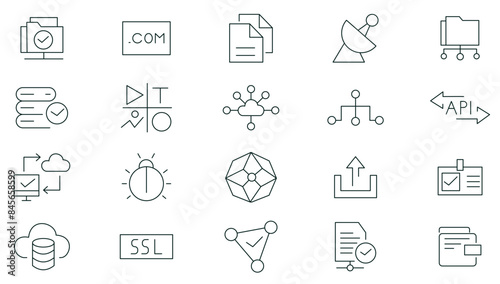 Information technology web icon set. Web Hosting Line Icons pack. Data analytics, database, big data process, ai, monitoring, traffic, hosting service, optimization and backup icon set collection.