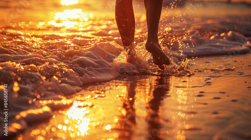 Barefooted Person Walking While Splashing Water Among The Sea Waves At Sunset, Reflecting The Golden Sunlight During Leisure Time In Summer, Perfect For Travel Agencies Promoting Beach Vacations Or 