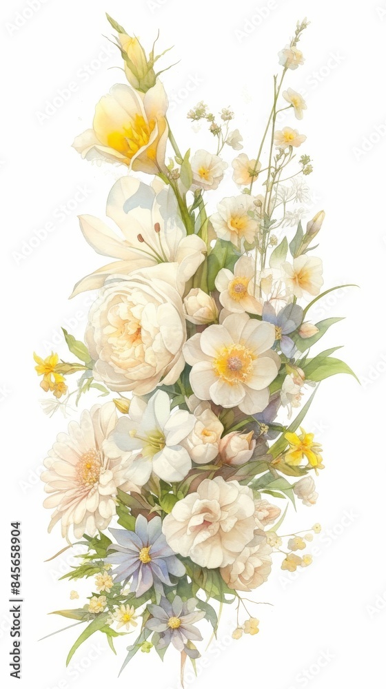 Bouquet of white flowers with lilies, roses and daisies blooming on white background Bouquet of white flowers with lilies, roses and daisies blooming on white background