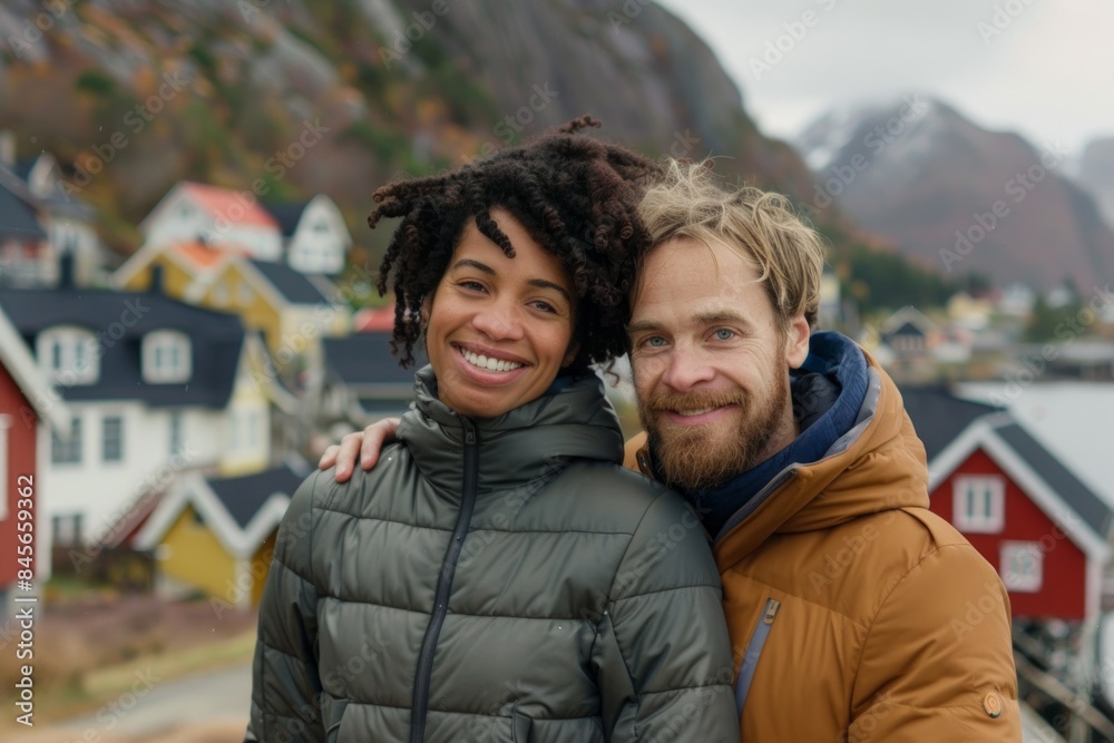 Portrait of a jovial mixed race couple in their 30s donning a durable down jacket isolated on beautiful coastal village background Portrait of a jovial mixed race couple in their 30s donning a durable down jacket isolated on beautiful coastal village background