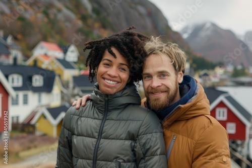 Portrait of a jovial mixed race couple in their 30s donning a durable down jacket isolated on beautiful coastal village background © Markus Schröder