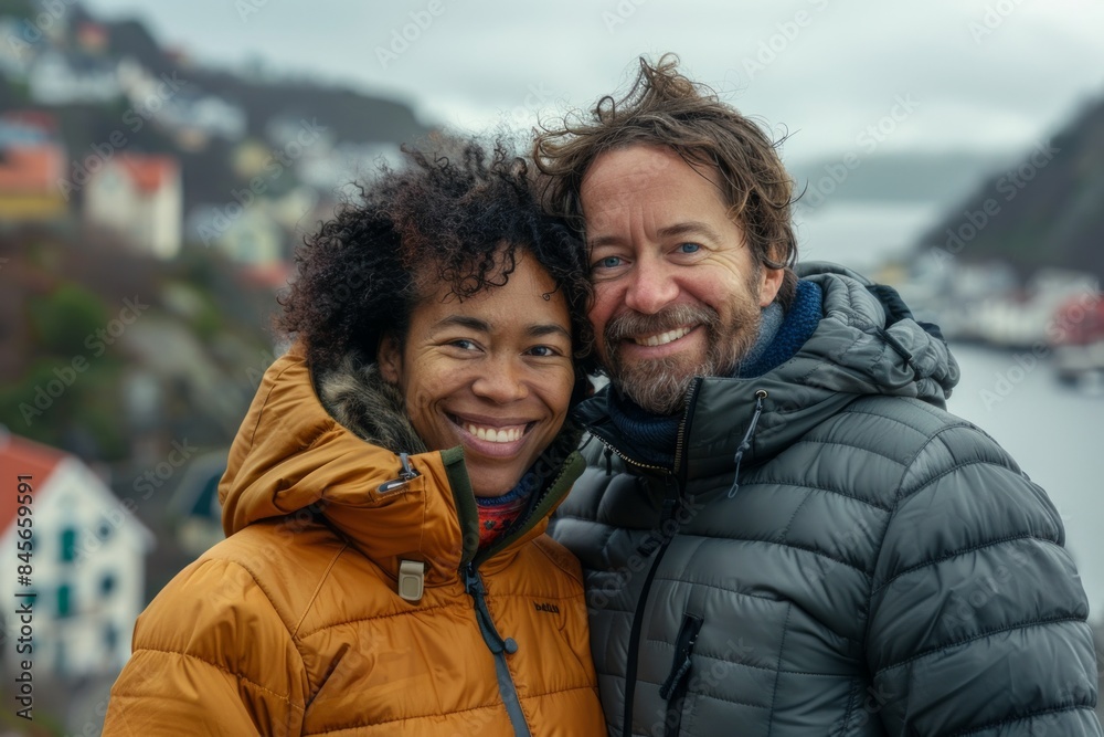 Portrait of a jovial mixed race couple in their 30s donning a durable down jacket while standing against beautiful coastal village background Portrait of a jovial mixed race couple in their 30s donning a durable down jacket while standing against beautiful coastal village background