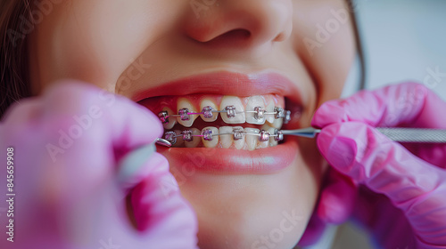 Close-up of a dental check-up for braces, highlighting orthodontic care. Suitable for healthcare and dental services themes. Generated AI