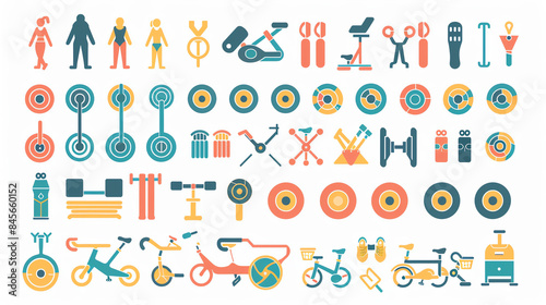 Colorful collection of fitness, gym, and exercise icons including equipment, weights, people, and various workout symbols.