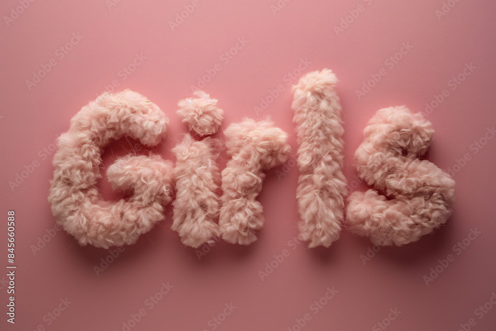 A close-up shot of the word Girls spelled out in fluffy pink letters, resting on a pale pink backdrop A close-up shot of the word Girls spelled out in fluffy pink letters, resting on a pale pink backdrop