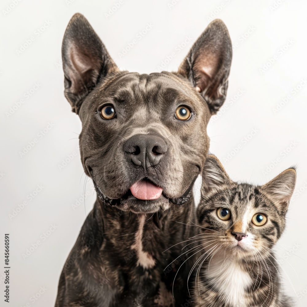 Obraz premium Portrait of Happy mutt rescue dog and orange tabby cat looking into studio camera together isolated on white background, veterinarian doctor office showing pets as friends. 
