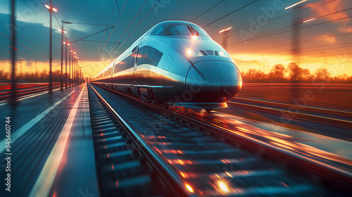 High-speed train racing down the tracks during a vibrant sunset. Perfect for technology blogs and travel websites. Generated AI