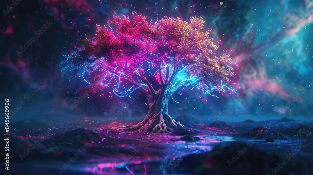 A digital tree with AI-designed roots, shimmering with neon colors in a virtual world. A digital tree with AI-designed roots, shimmering with neon colors in a virtual world.