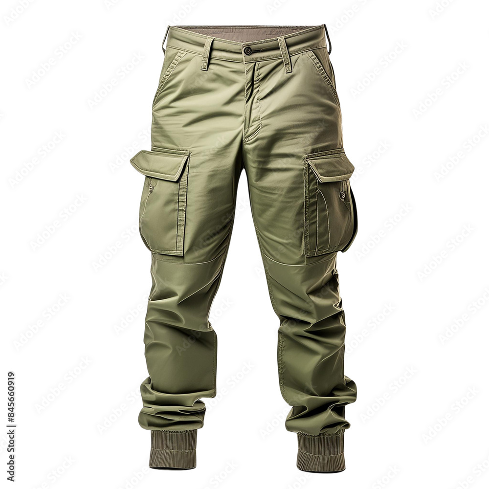 The image displays a pair of olive green cargo pants with multiple pockets and a waist belt. The image displays a pair of olive green cargo pants with multiple pockets and a waist belt.