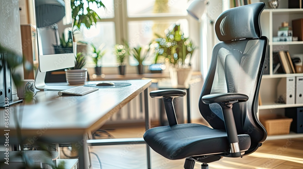 A professional workspace featuring a high-quality ergonomic chair with lumbar support. A professional workspace featuring a high-quality ergonomic chair with lumbar support.