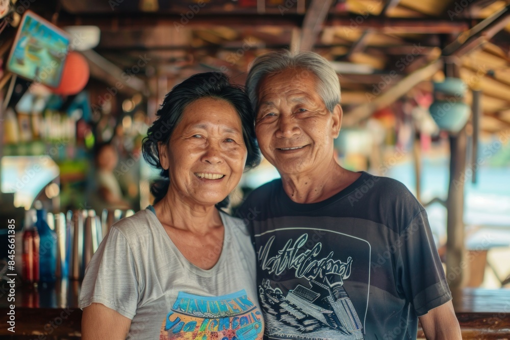 Portrait of a joyful asian couple in their 60s sporting a vintage band t-shirt over tropical beach bar background Portrait of a joyful asian couple in their 60s sporting a vintage band t-shirt over tropical beach bar background