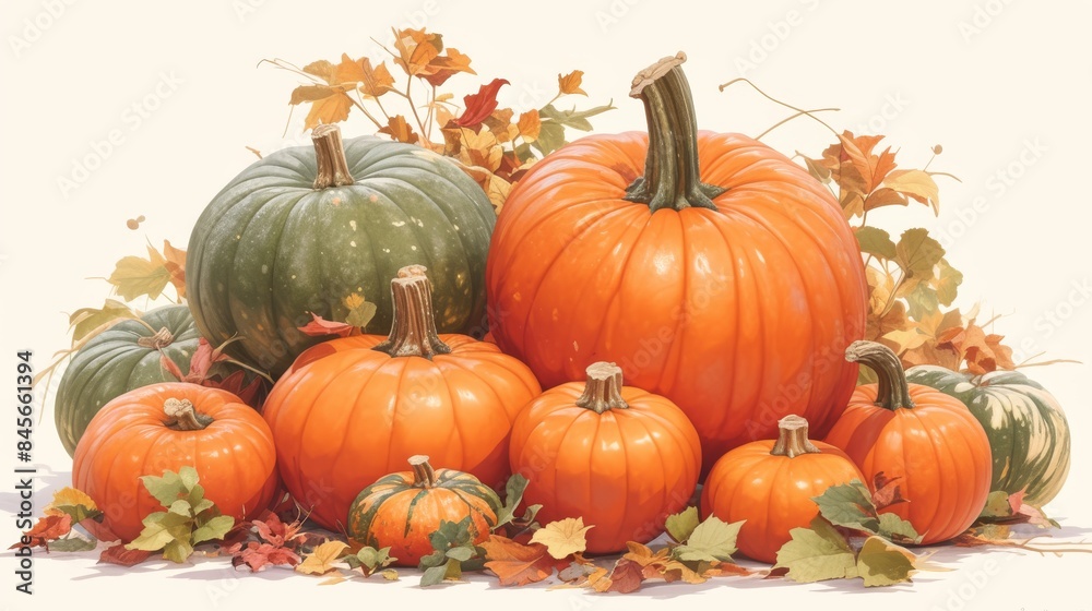 Orange and green pumpkins with fall leaves forming an autumn still life Orange and green pumpkins with fall leaves forming an autumn still life