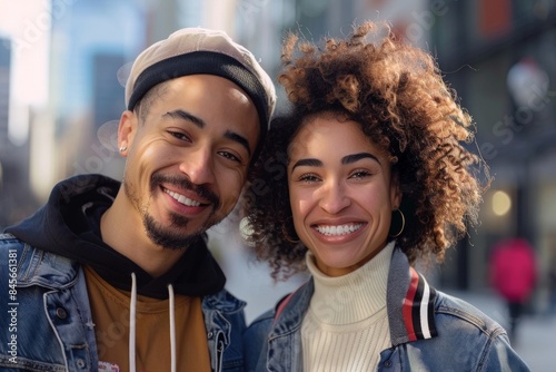 Portrait of a content mixed race couple in their 30s sporting a stylish varsity jacket isolated on modern cityscape background © Markus Schröder