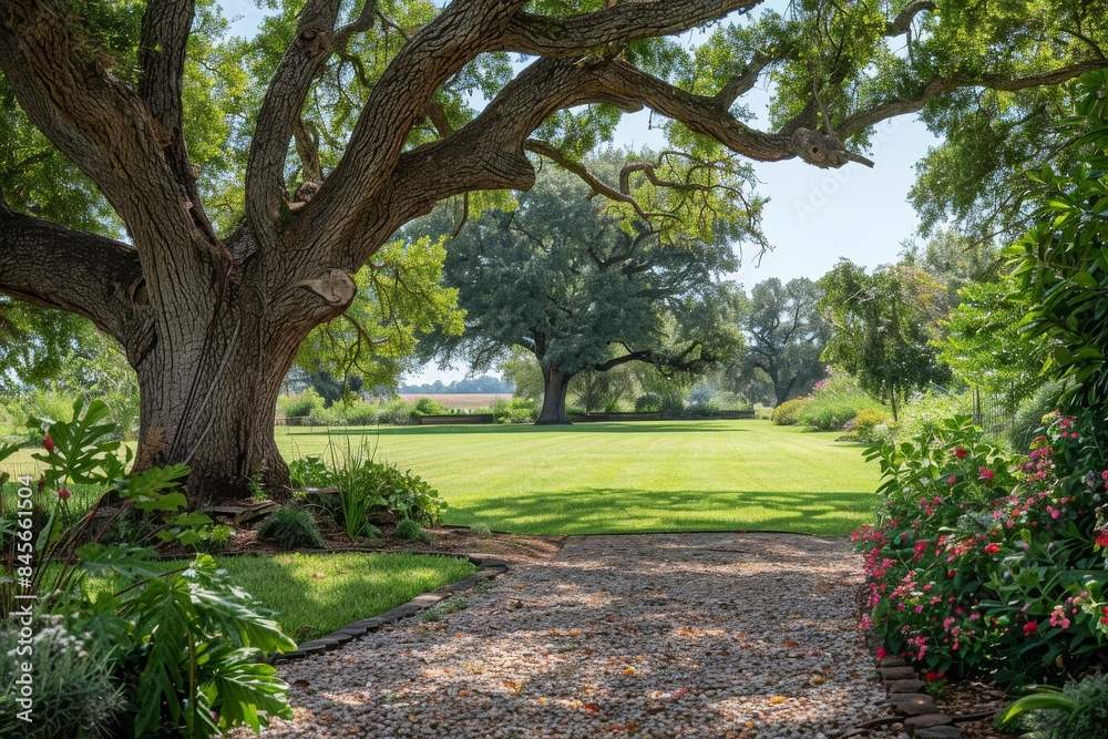Fototapeta premium Large Oak Tree in a Lush Green Park on a Sunny Day