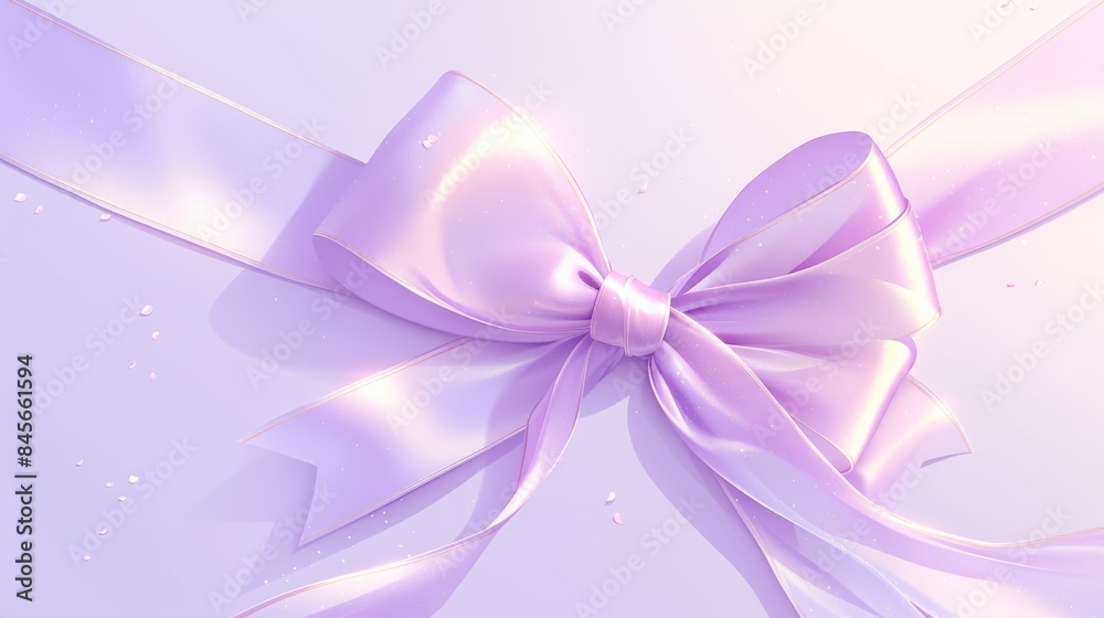 Big elegant lilac silk ribbon tied in a bow with glittering confetti on a lilac background Big elegant lilac silk ribbon tied in a bow with glittering confetti on a lilac background