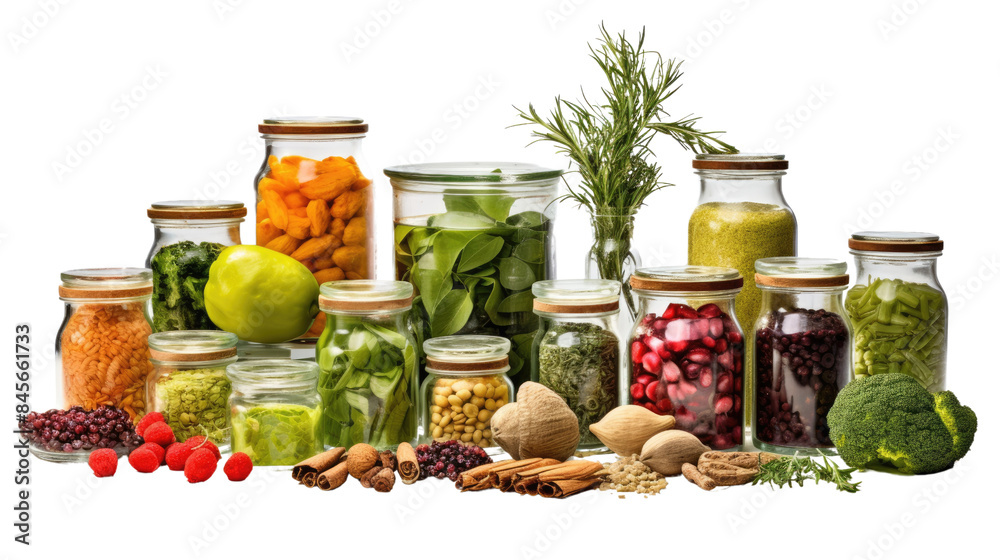 Photograph of a vibrant assortment of organic skincare ingredients, including fresh herbs, fruits, and nuts, arranged in a glass apothecary jar, isolated on a pure white background Photograph of a vibrant assortment of organic skincare ingredients, including fresh herbs, fruits, and nuts, arranged in a glass apothecary jar, isolated on a pure white background