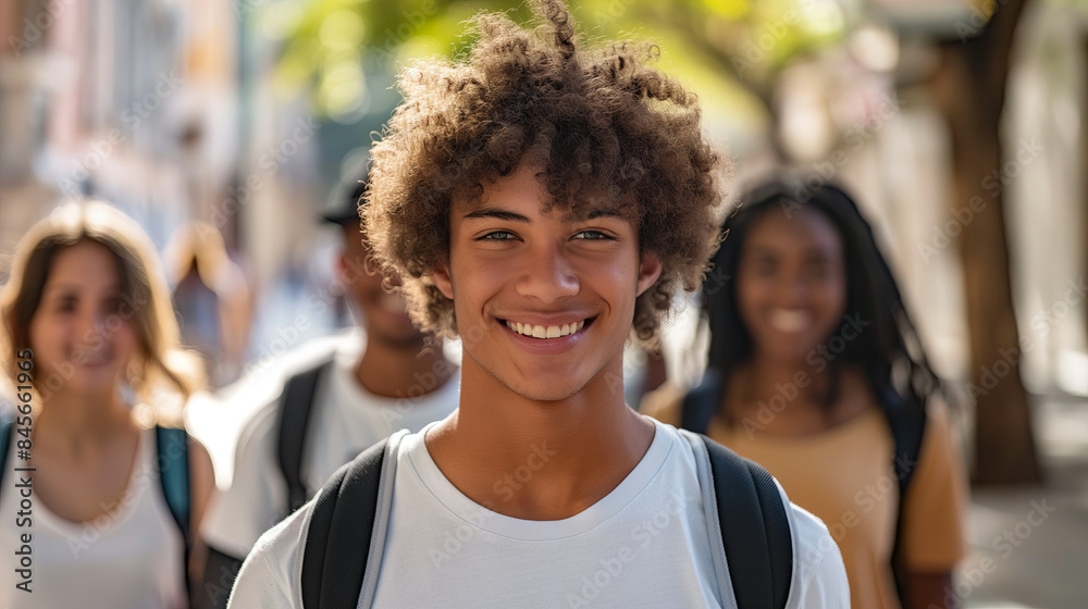 Smiling young man with friends in the background outdoors. Ideal for lifestyle articles, friendship themes, or youth culture promotions. Generated AI Smiling young man with friends in the background outdoors. Ideal for lifestyle articles, friendship themes, or youth culture promotions. Generated AI