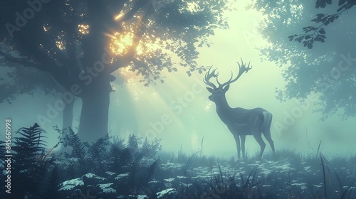Graceful Deer in Misty Woodland at Dawn with Soft Lighting