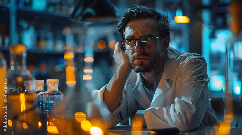 Exhausted Research Scientist Staying Late in the Lab Surrounded by Data and Equipment Exhausted Research Scientist Staying Late in the Lab Surrounded by Data and Equipment