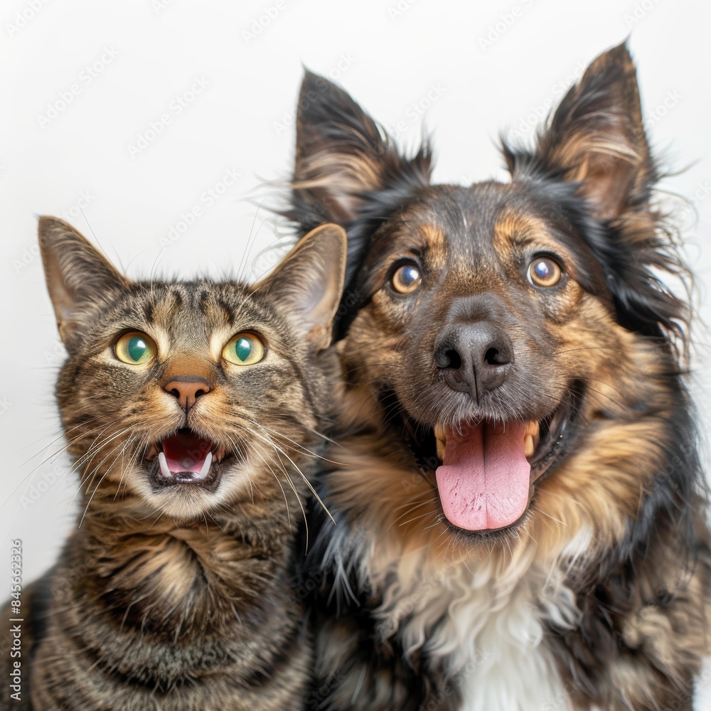 Portrait of Happy German Shepherd dog and grey tabby cat looking into studio camera together isolated on white background, veterinarian doctor office showing pets as friends.
Portrait of Happy German Shepherd dog and grey tabby cat looking into studio camera together isolated on white background, veterinarian doctor office showing pets as friends.
