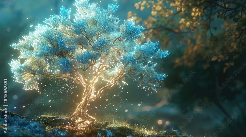 An AI-crafted tree with holographic foliage, emitting a soft glow in a virtual landscape. An AI-crafted tree with holographic foliage, emitting a soft glow in a virtual landscape.