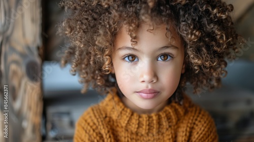 Young Girl With Curly Blonde Hair Wearing Brown Sweater Looking at Camera