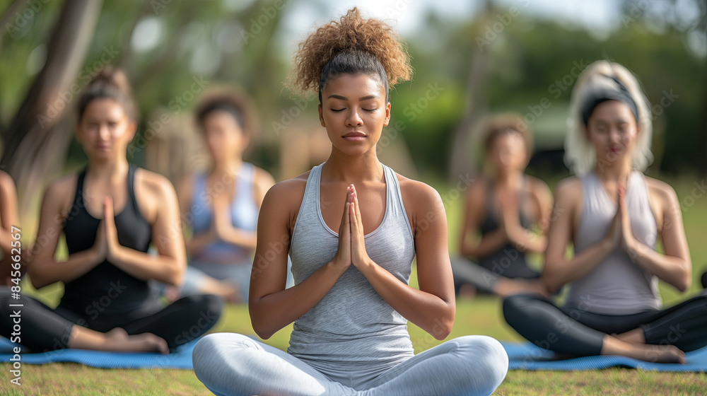 Diverse group of people practicing yoga outdoors on International Yoga Day. Ideal for use in wellness blogs, fitness articles, and social media posts promoting health and mindfulness. Generated AI Diverse group of people practicing yoga outdoors on International Yoga Day. Ideal for use in wellness blogs, fitness articles, and social media posts promoting health and mindfulness. Generated AI